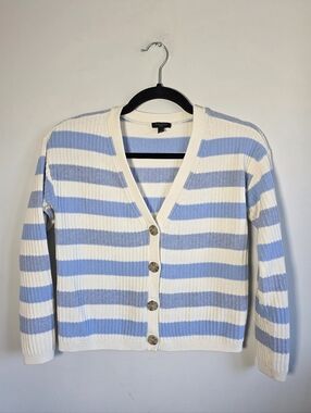 Talbots Petite Striped Cardigan Blue White Cropped Knit Button Front Size P
